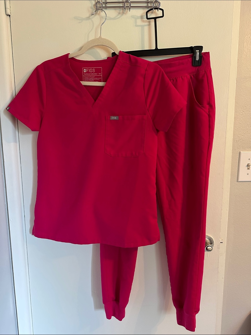 FIGS Women's V-Neck Scrub Top and Jogger Set in Dark Hot Pink